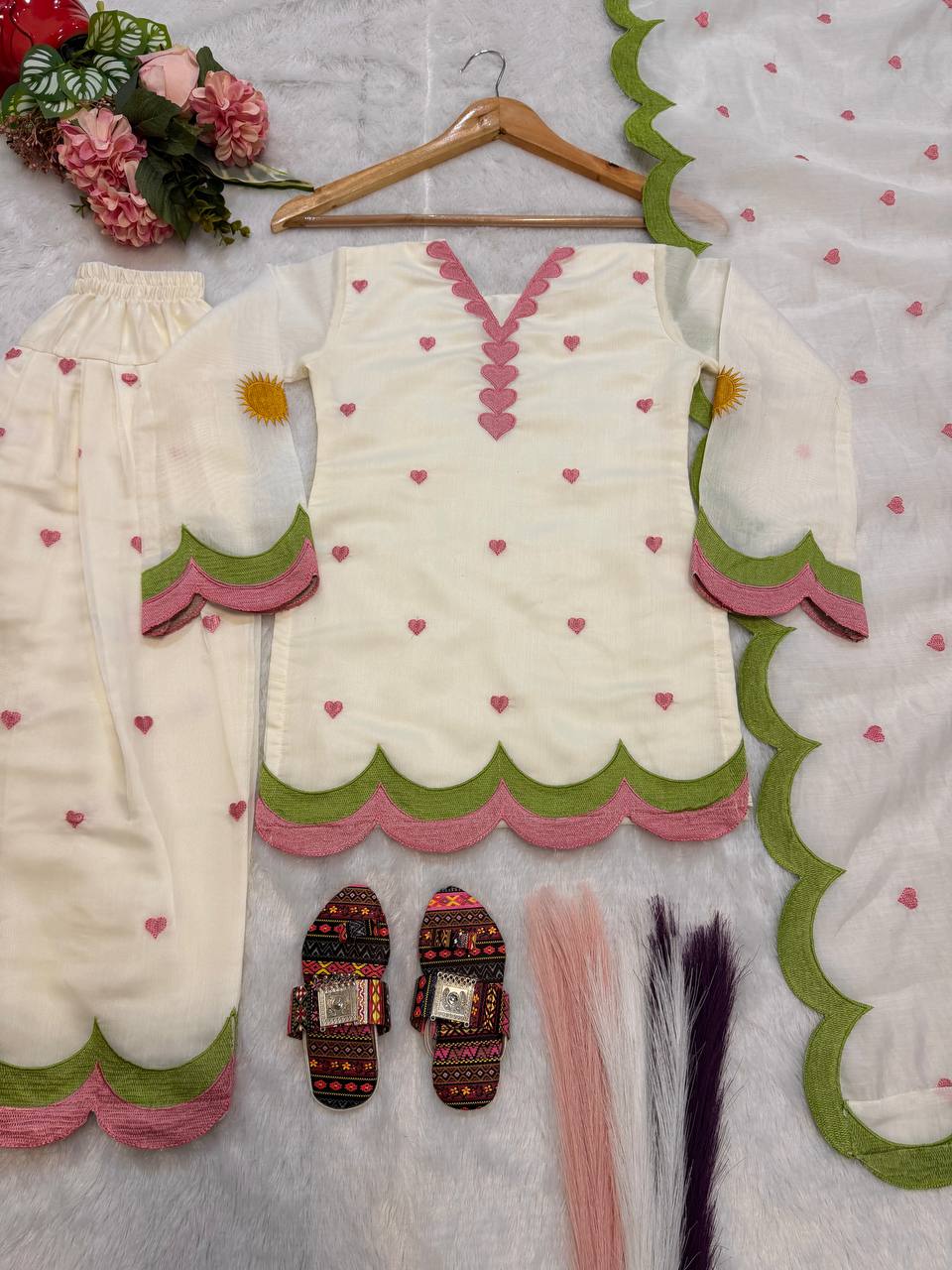 Kids Off -White Chanderi Cotton Farshi Salwar Suit with Multicolor Embroidery & Fancy Dupatta