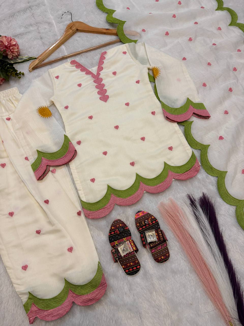 Kids Off -White Chanderi Cotton Farshi Salwar Suit with Multicolor Embroidery & Fancy Dupatta