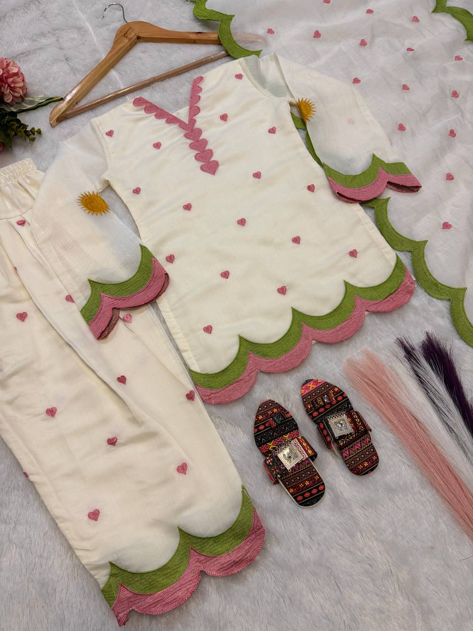 Kids Off -White Chanderi Cotton Farshi Salwar Suit with Multicolor Embroidery & Fancy Dupatta