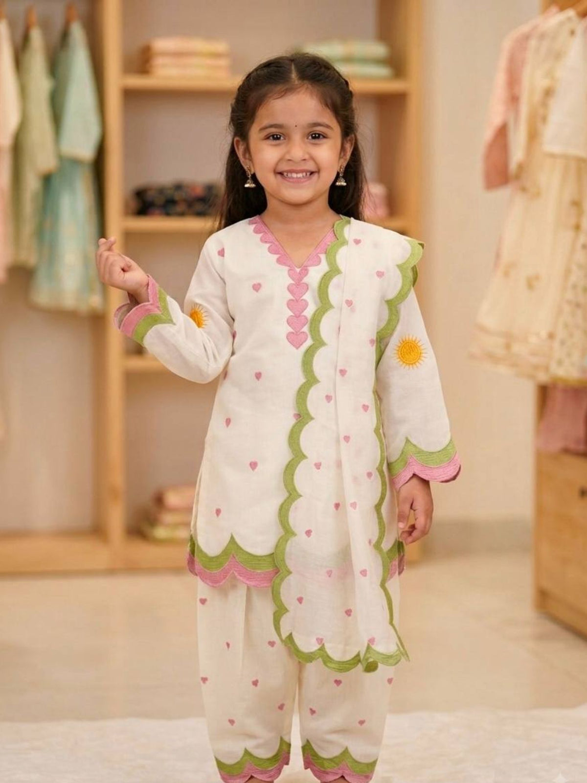 Kids Off -White Chanderi Cotton Farshi Salwar Suit with Multicolor Embroidery & Fancy Dupatta