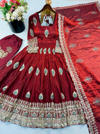 Royal Peacock Embroidered Anarkali Gown with Sequin Work Dupatta & Pant Set