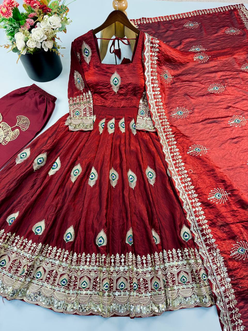 Royal Peacock Embroidered Anarkali Gown with Sequin Work Dupatta & Pant Set