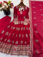 Festive Peacock Embroidered Fendy Silk Anarkali Gown Set with Sequin Dupatta