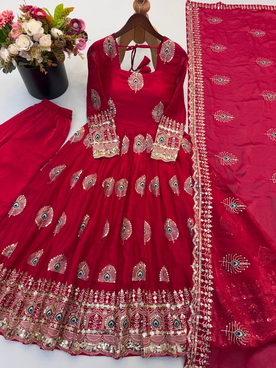 Festive Peacock Embroidered Fendy Silk Anarkali Gown Set with Sequin Dupatta