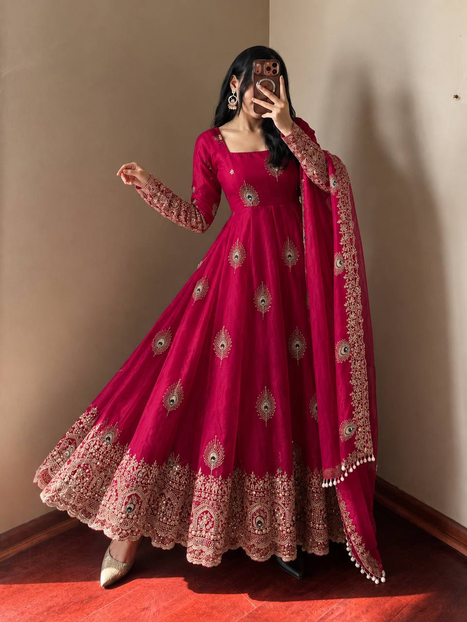 Festive Peacock Embroidered Fendy Silk Anarkali Gown Set with Sequin Dupatta