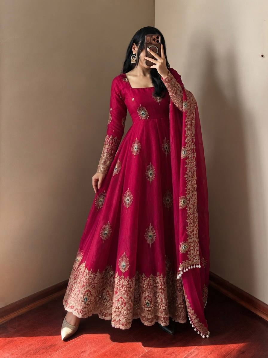 Festive Peacock Embroidered Fendy Silk Anarkali Gown Set with Sequin Dupatta