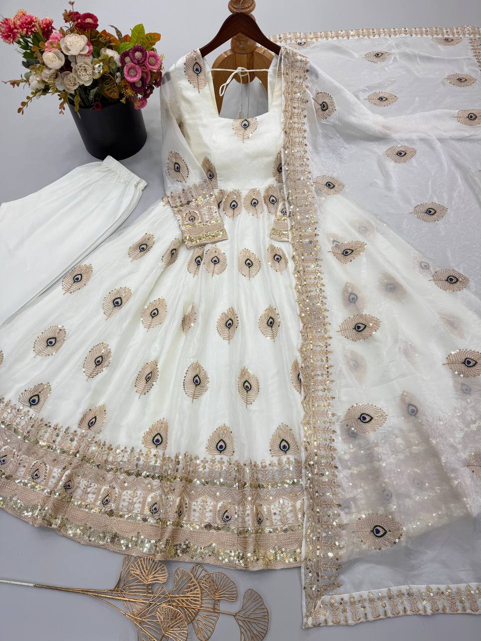 Festive Peacock Embroidered Fendy Silk Anarkali Gown Set with Sequin Dupatta