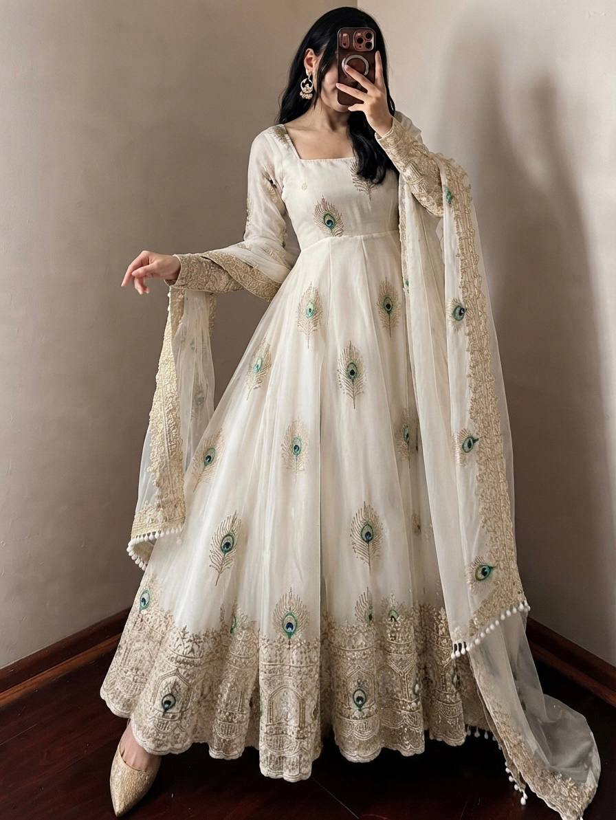 Festive Peacock Embroidered Fendy Silk Anarkali Gown Set with Sequin Dupatta