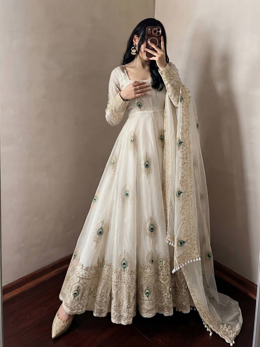 Festive Peacock Embroidered Fendy Silk Anarkali Gown Set with Sequin Dupatta