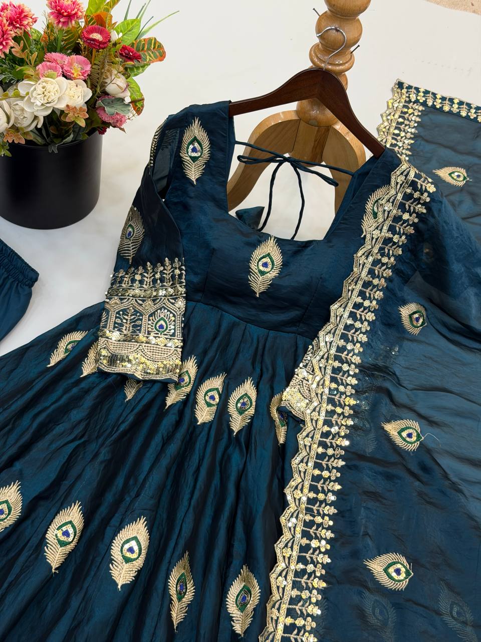 Peacock Embroidered Fendy Silk Anarkali Gown Set with Pant & Dupatta