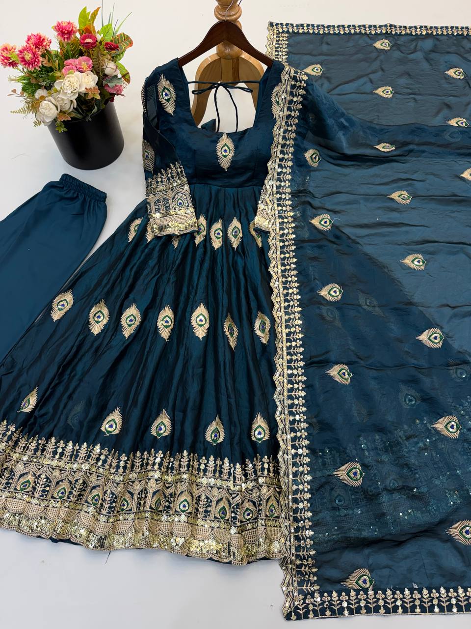 Peacock Embroidered Fendy Silk Anarkali Gown Set with Pant & Dupatta
