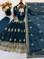 Peacock Embroidered Fendy Silk Anarkali Gown Set with Pant & Dupatta