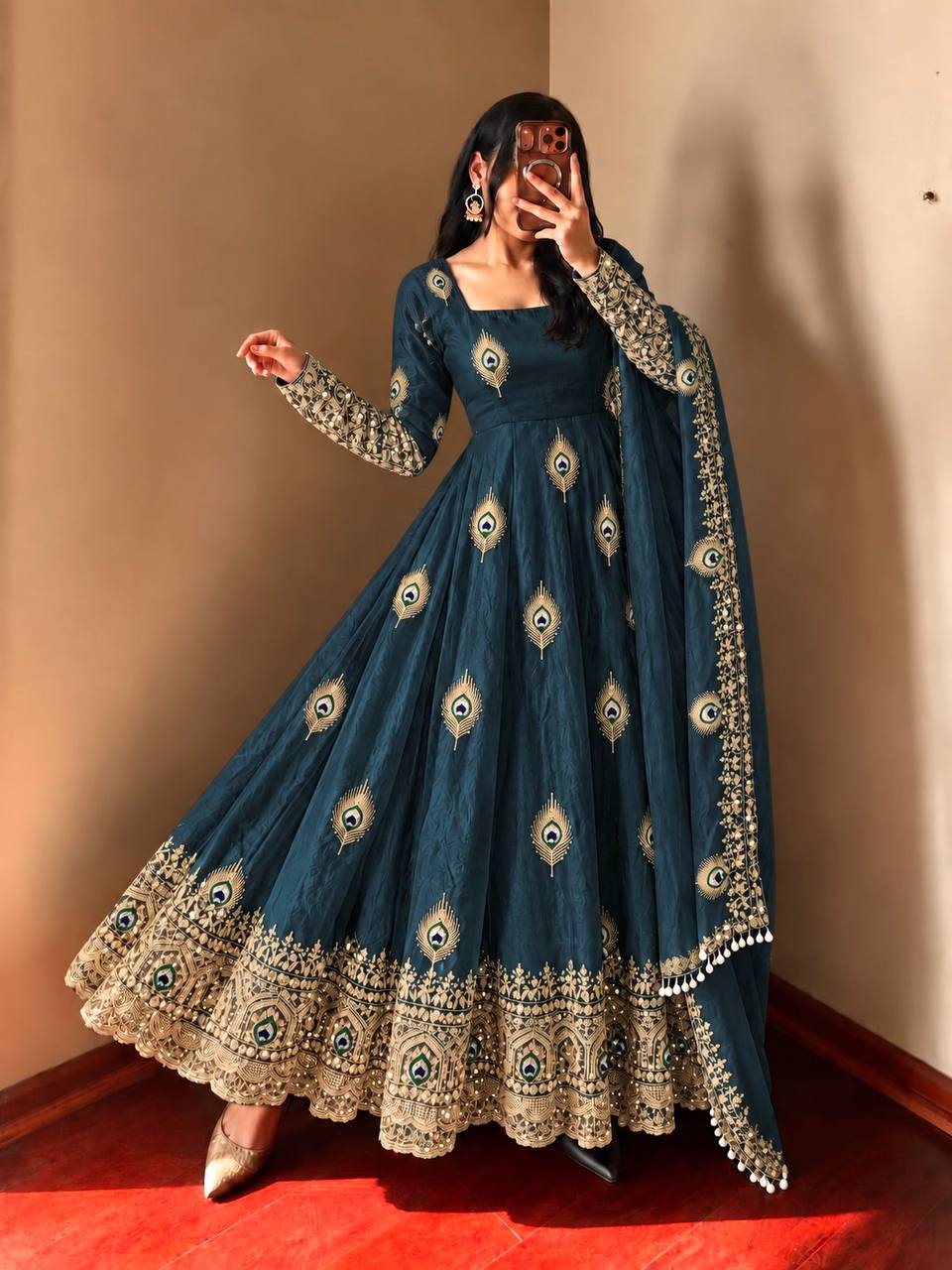 Peacock Embroidered Fendy Silk Anarkali Gown Set with Pant & Dupatta