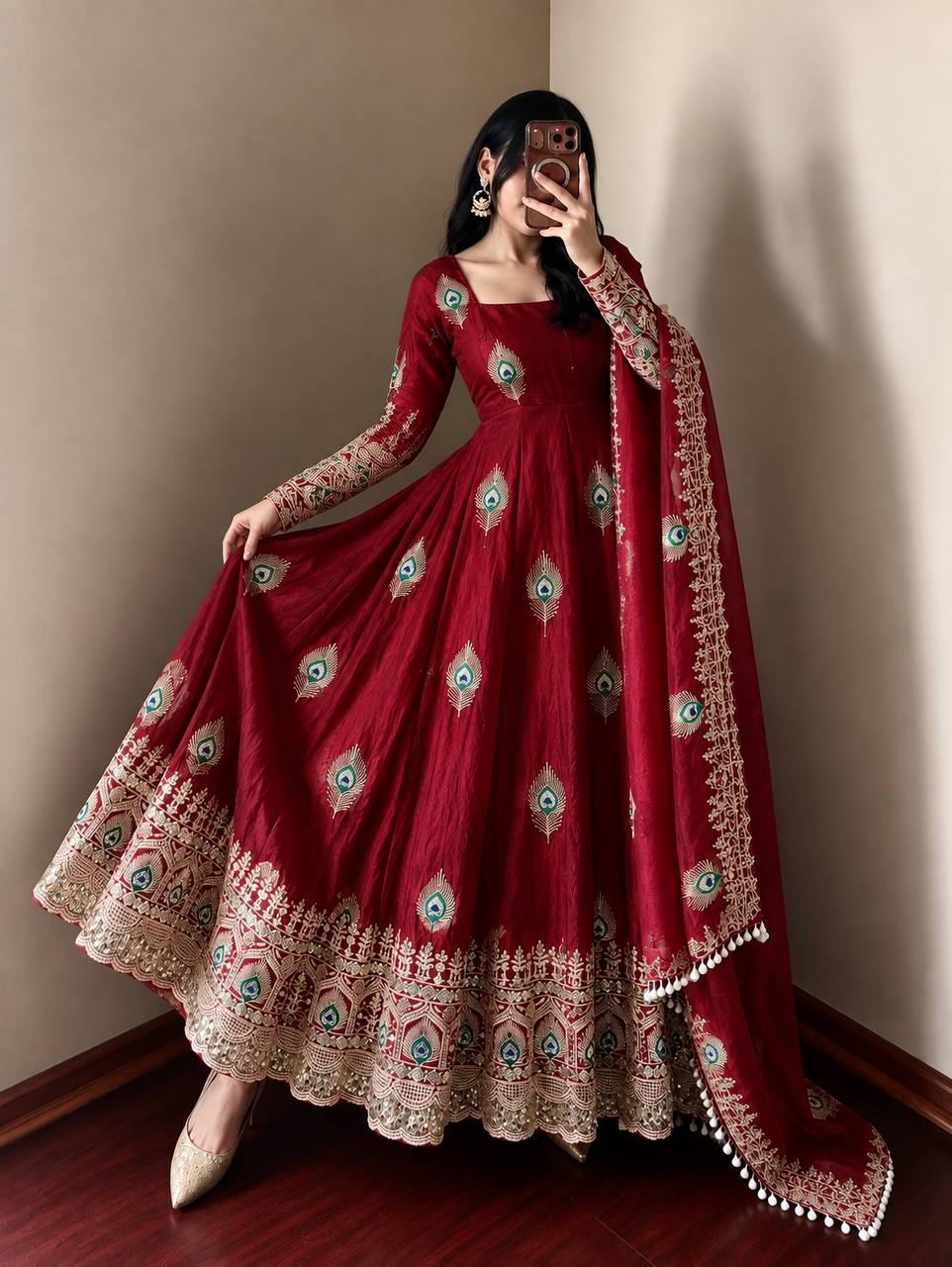 Royal Peacock Embroidered Anarkali Gown with Sequin Work Dupatta & Pant Set