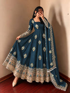 Peacock Embroidered Fendy Silk Anarkali Gown Set with Pant & Dupatta