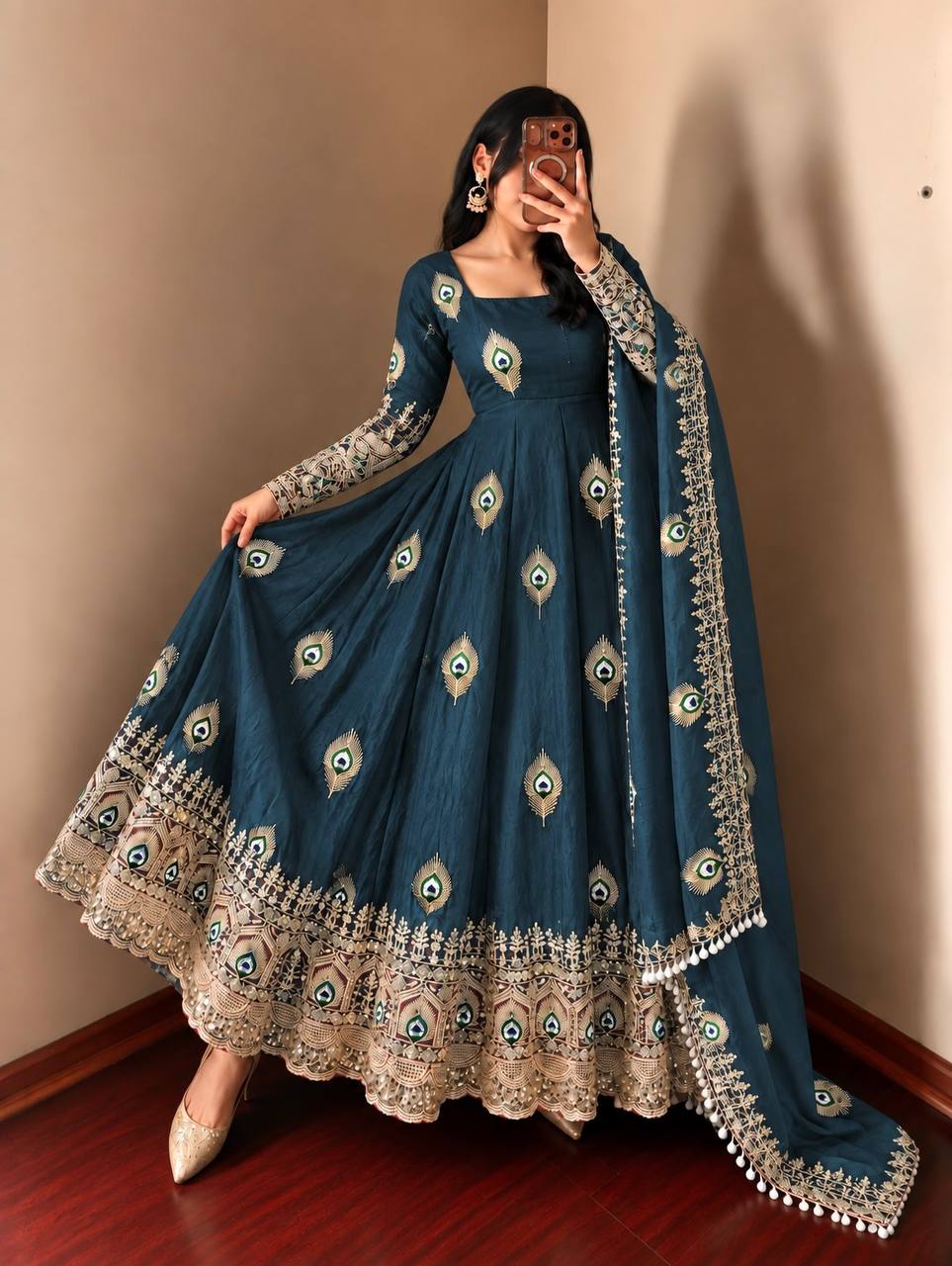 Peacock Embroidered Fendy Silk Anarkali Gown Set with Pant & Dupatta