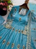 Peacock Embroidered Fendy Silk Anarkali Gown Set with Pant & Dupatta