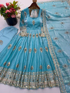 Peacock Embroidered Fendy Silk Anarkali Gown Set with Pant & Dupatta