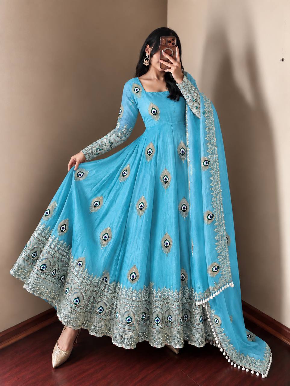 Peacock Embroidered Fendy Silk Anarkali Gown Set with Pant & Dupatta