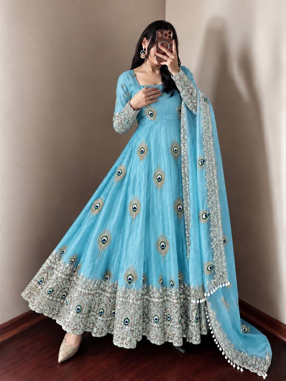 Peacock Embroidered Fendy Silk Anarkali Gown Set with Pant & Dupatta