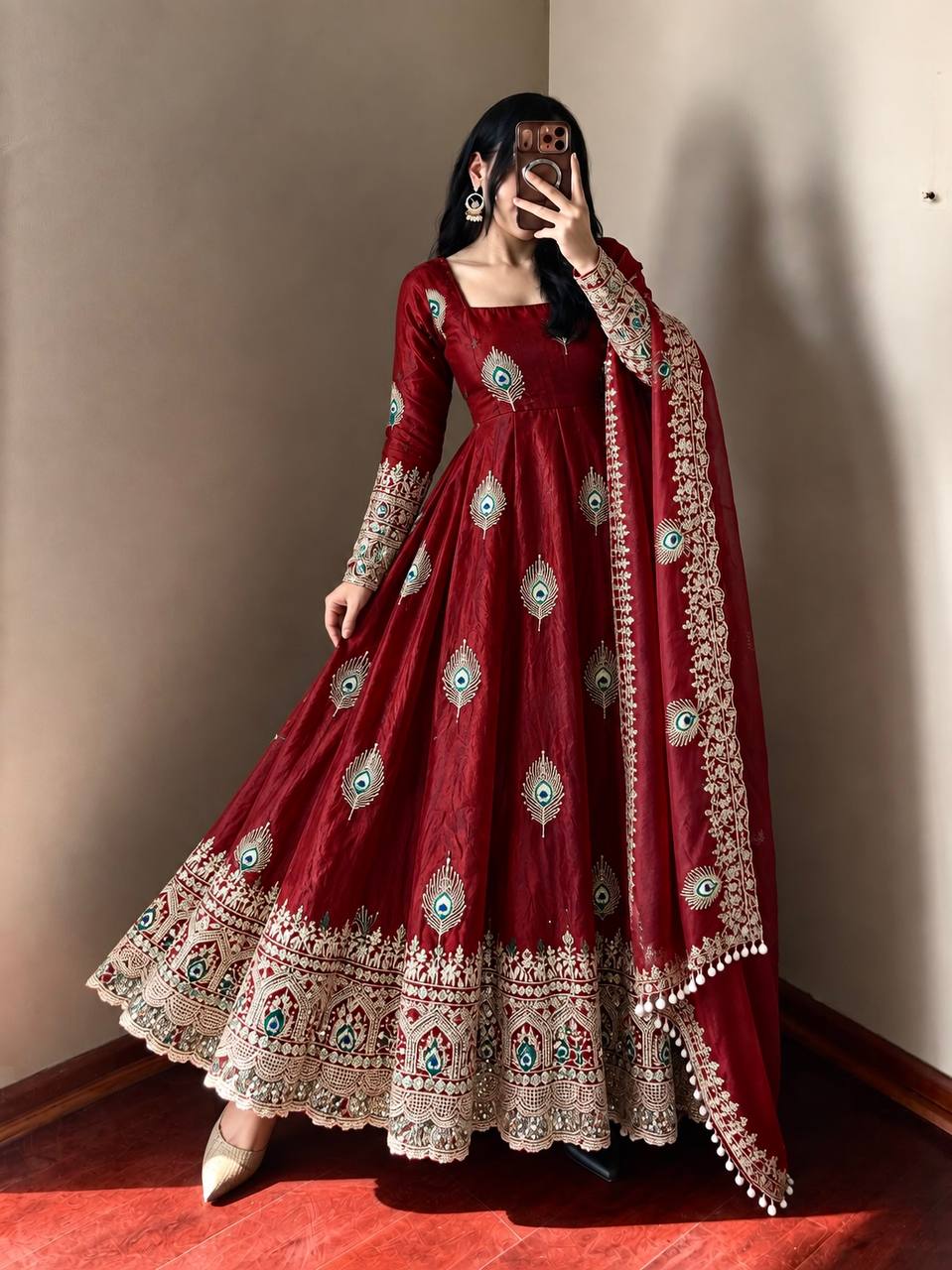 Royal Peacock Embroidered Anarkali Gown with Sequin Work Dupatta & Pant Set