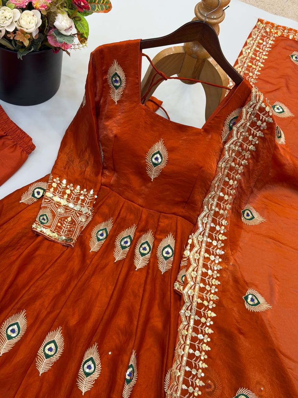 Royal Peacock Embroidered Anarkali Gown with Sequin Work Dupatta & Pant Set