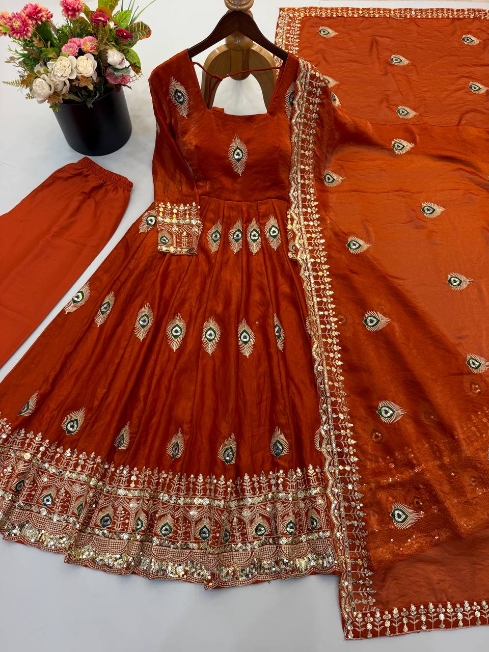 Royal Peacock Embroidered Anarkali Gown with Sequin Work Dupatta & Pant Set