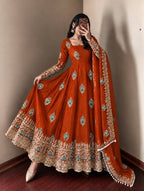 Royal Peacock Embroidered Anarkali Gown with Sequin Work Dupatta & Pant Set