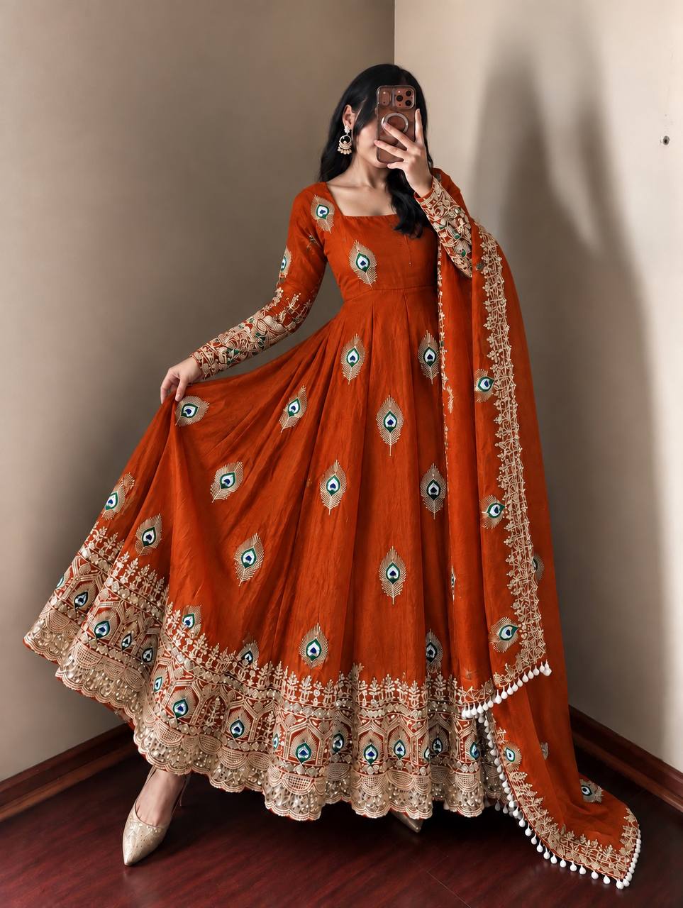Royal Peacock Embroidered Anarkali Gown with Sequin Work Dupatta & Pant Set