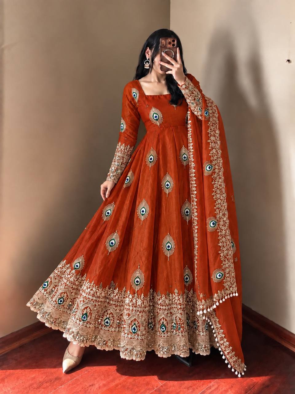 Royal Peacock Embroidered Anarkali Gown with Sequin Work Dupatta & Pant Set