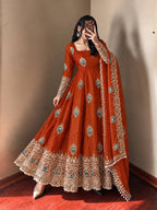Royal Peacock Embroidered Anarkali Gown with Sequin Work Dupatta & Pant Set