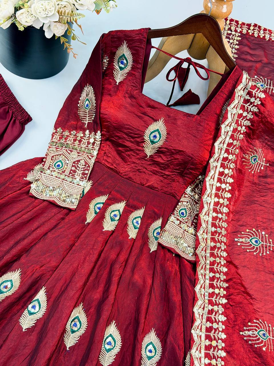 Royal Peacock Embroidered Anarkali Gown with Sequin Work Dupatta & Pant Set