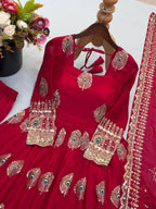Festive Peacock Embroidered Fendy Silk Anarkali Gown Set with Sequin Dupatta