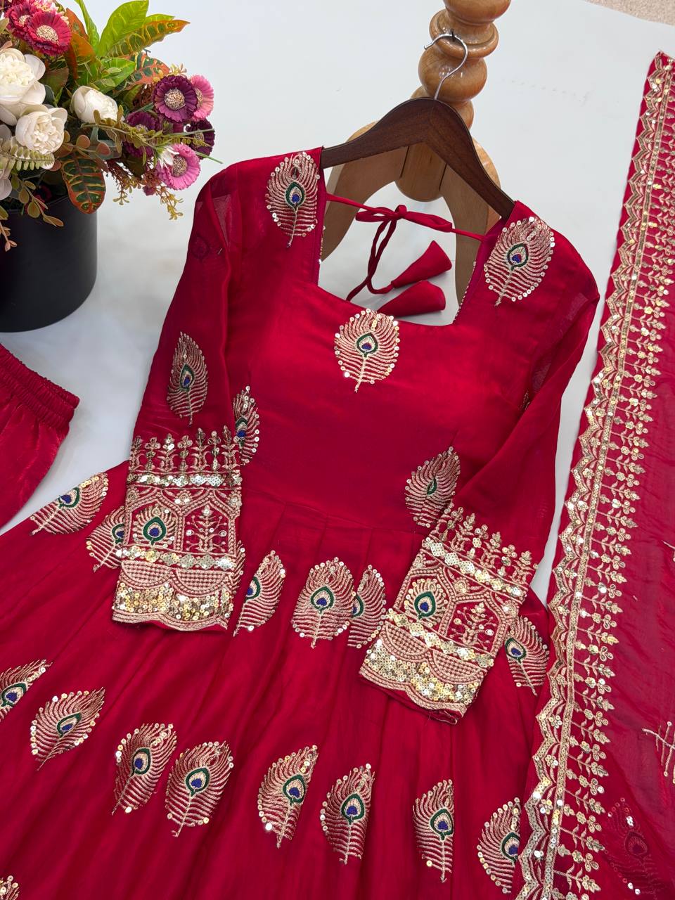 Festive Peacock Embroidered Fendy Silk Anarkali Gown Set with Sequin Dupatta