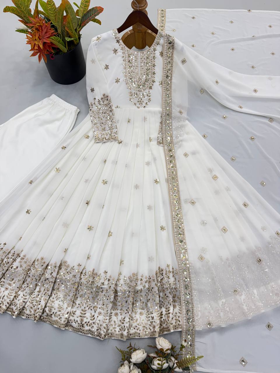 Long Flaired Anarkali Gown Pant With Dupatta - Festive & Wedding Wear