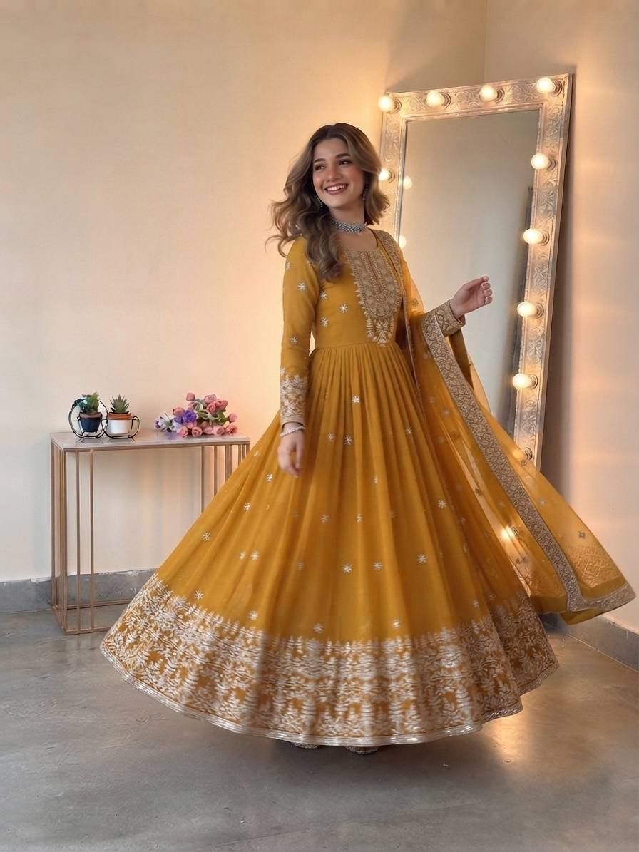 Long Flaired Anarkali Gown Pant With Dupatta - Festive & Wedding Wear
