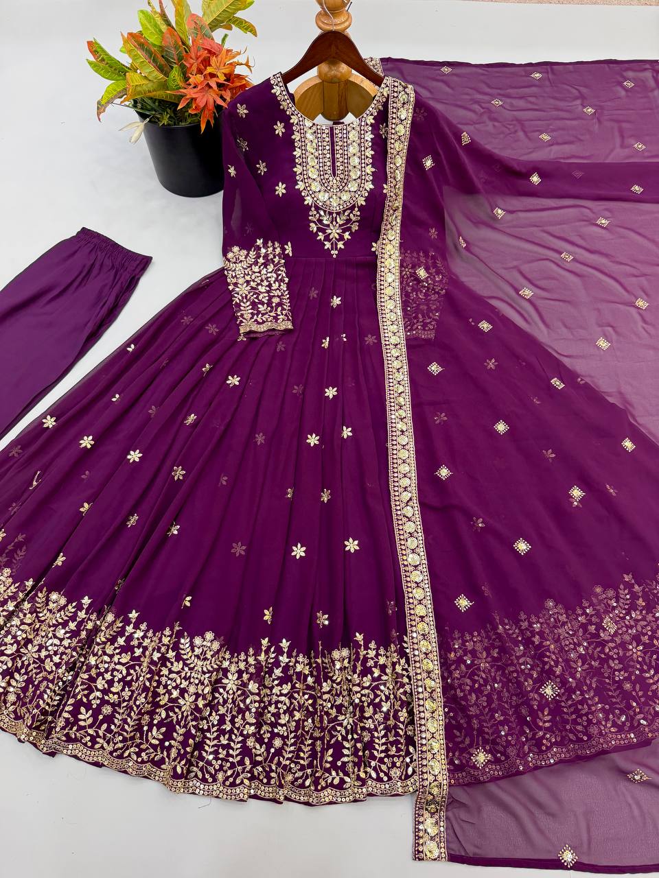 Long Flaired Anarkali Gown Pant With Dupatta - Festive & Wedding Wear