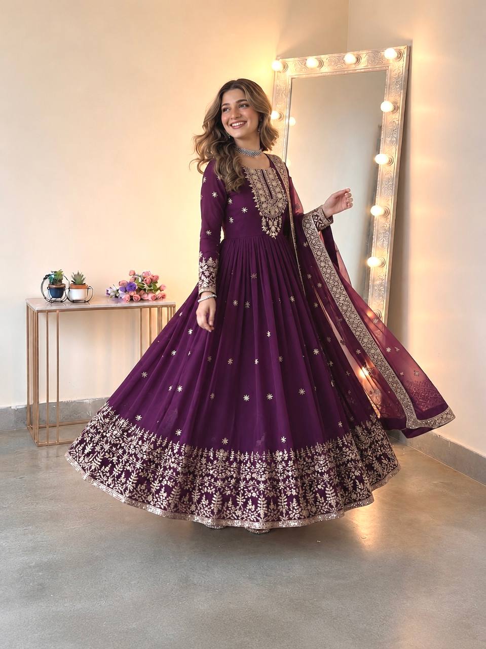 Long Flaired Anarkali Gown Pant With Dupatta - Festive & Wedding Wear
