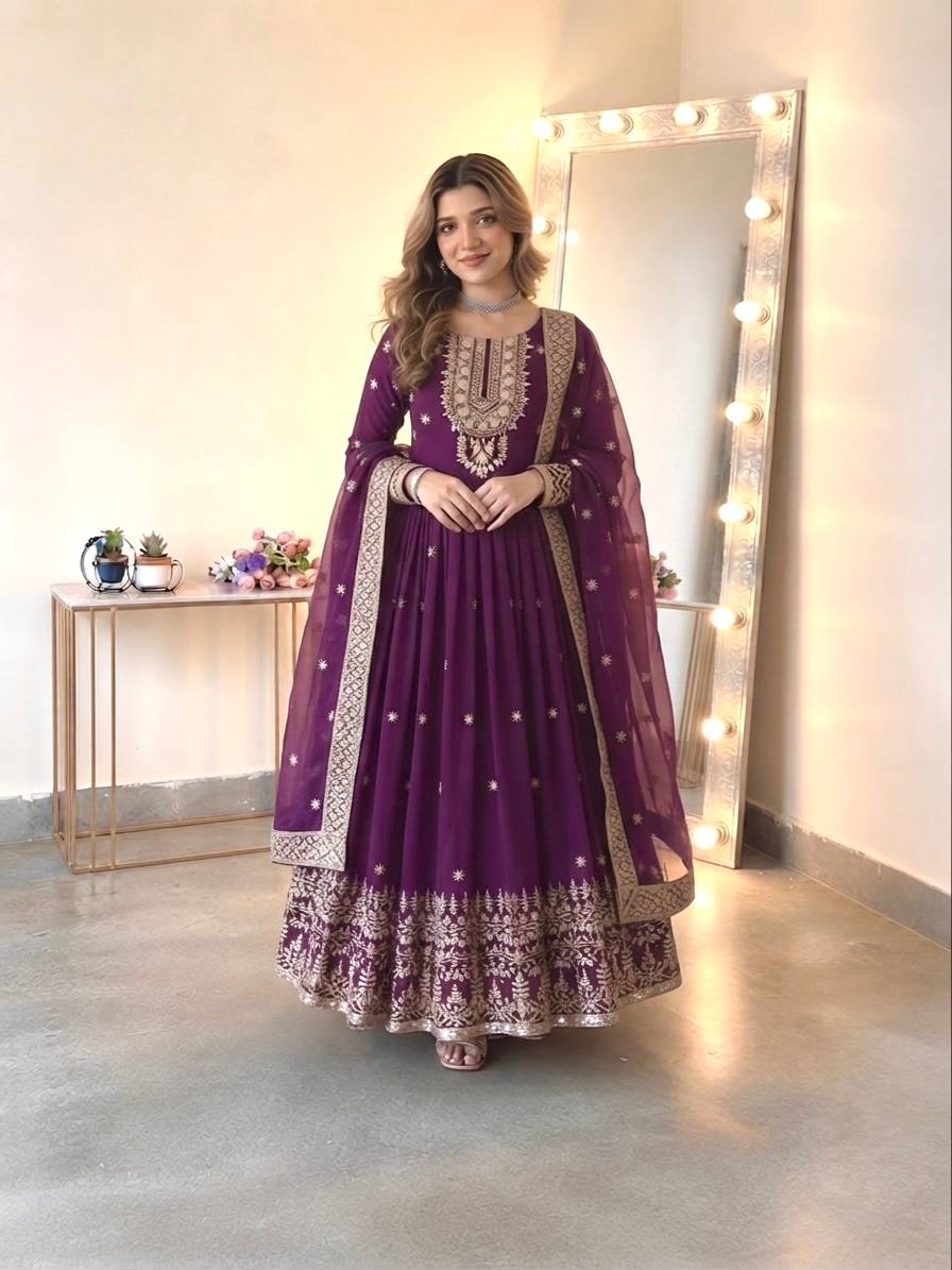 Long Flaired Anarkali Gown Pant With Dupatta - Festive & Wedding Wear