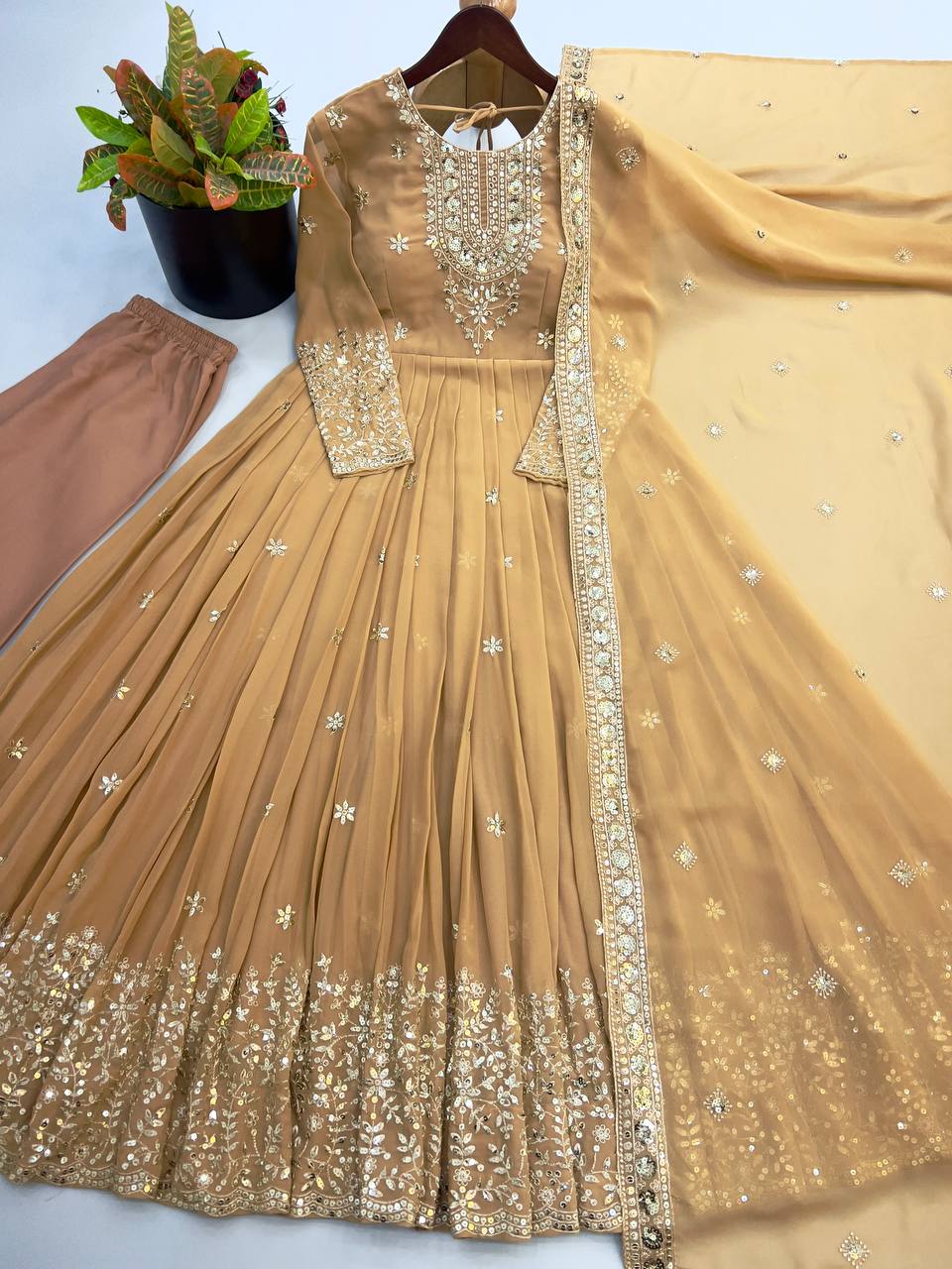 Long Flaired Anarkali Gown Pant With Dupatta - Festive & Wedding Wear
