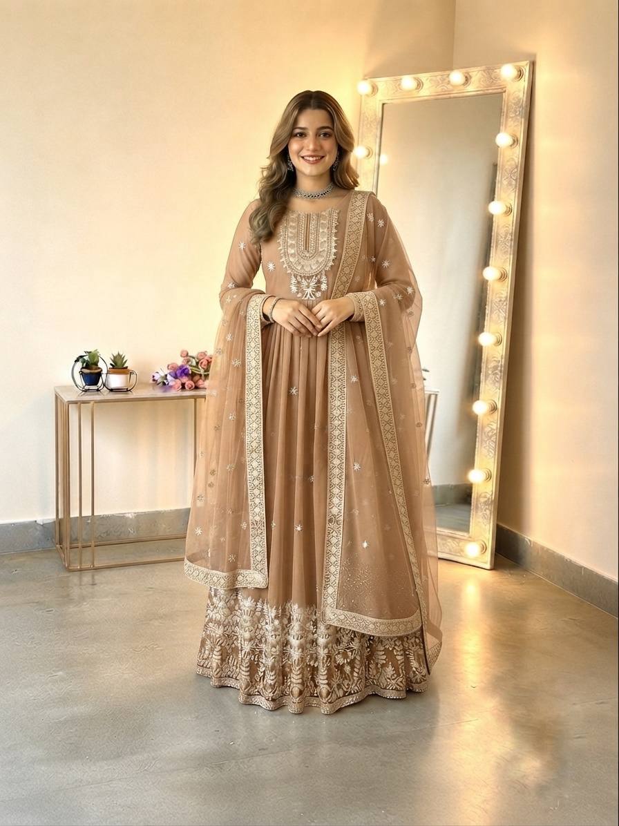 Long Flaired Anarkali Gown Pant With Dupatta - Festive & Wedding Wear