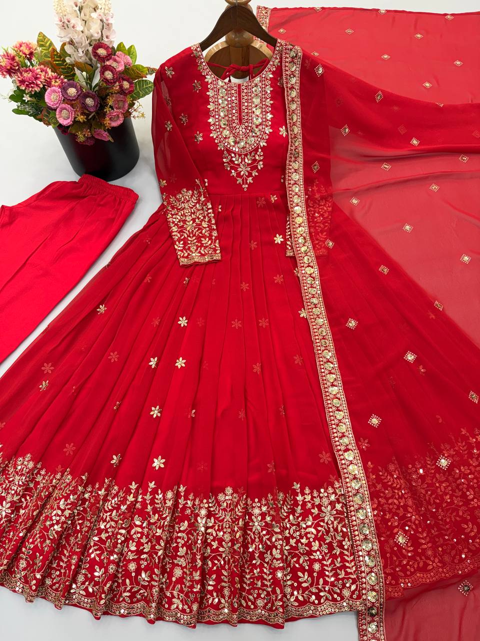 Long Flaired Anarkali Gown Pant With Dupatta - Festive & Wedding Wear