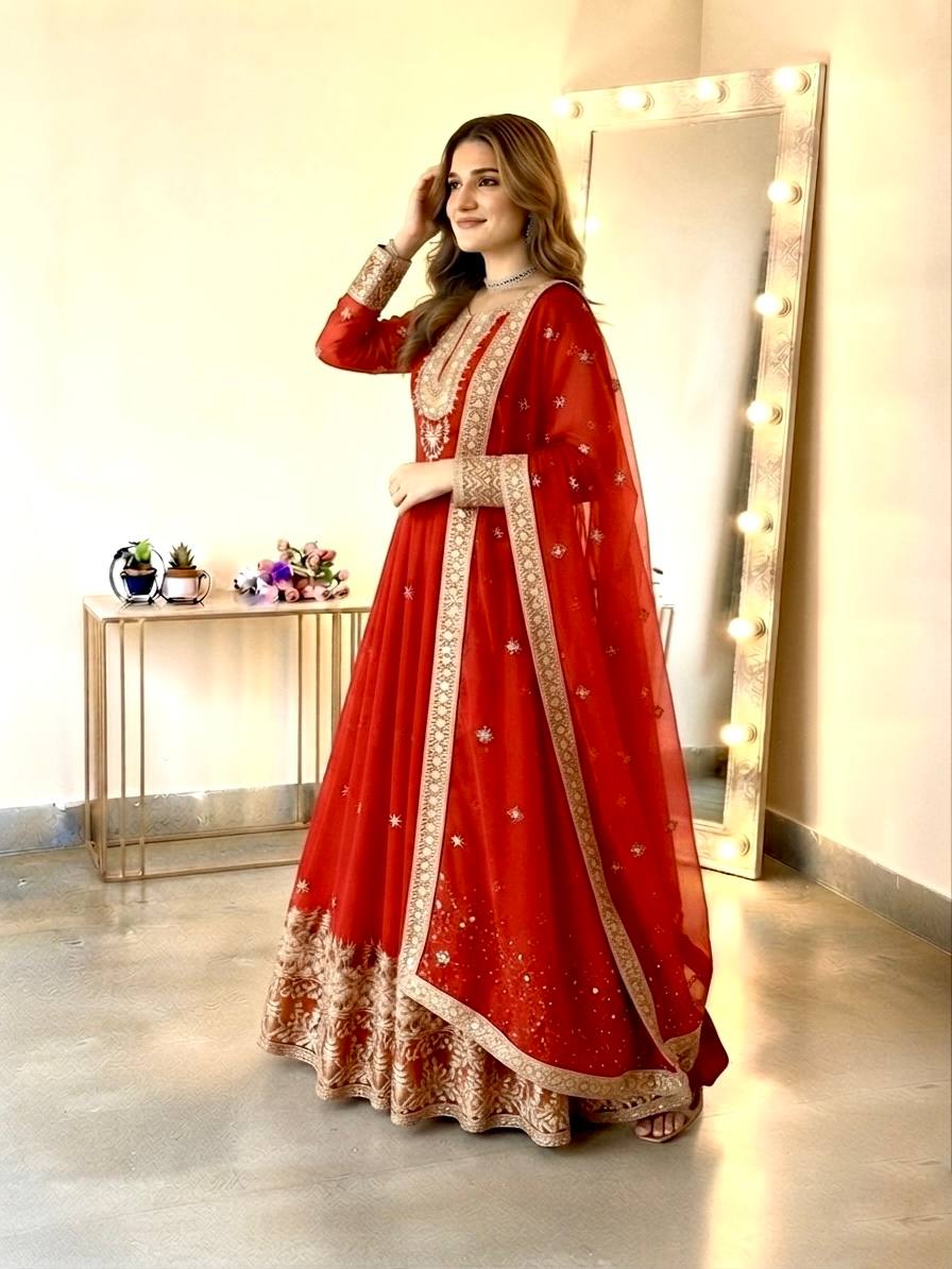 Long Flaired Anarkali Gown Pant With Dupatta - Festive & Wedding Wear