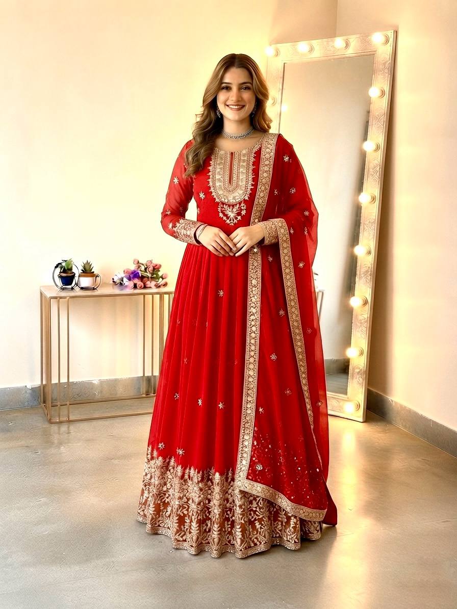Long Flaired Anarkali Gown Pant With Dupatta - Festive & Wedding Wear