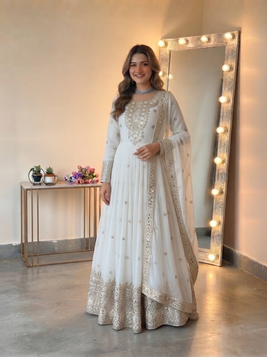Long Flaired Anarkali Gown Pant With Dupatta - Festive & Wedding Wear