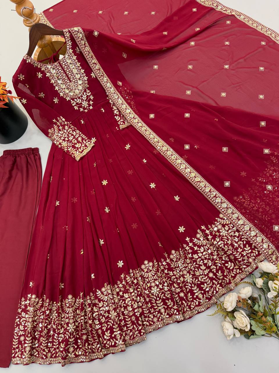 Long Flaired Anarkali Gown Pant With Dupatta - Festive & Wedding Wear