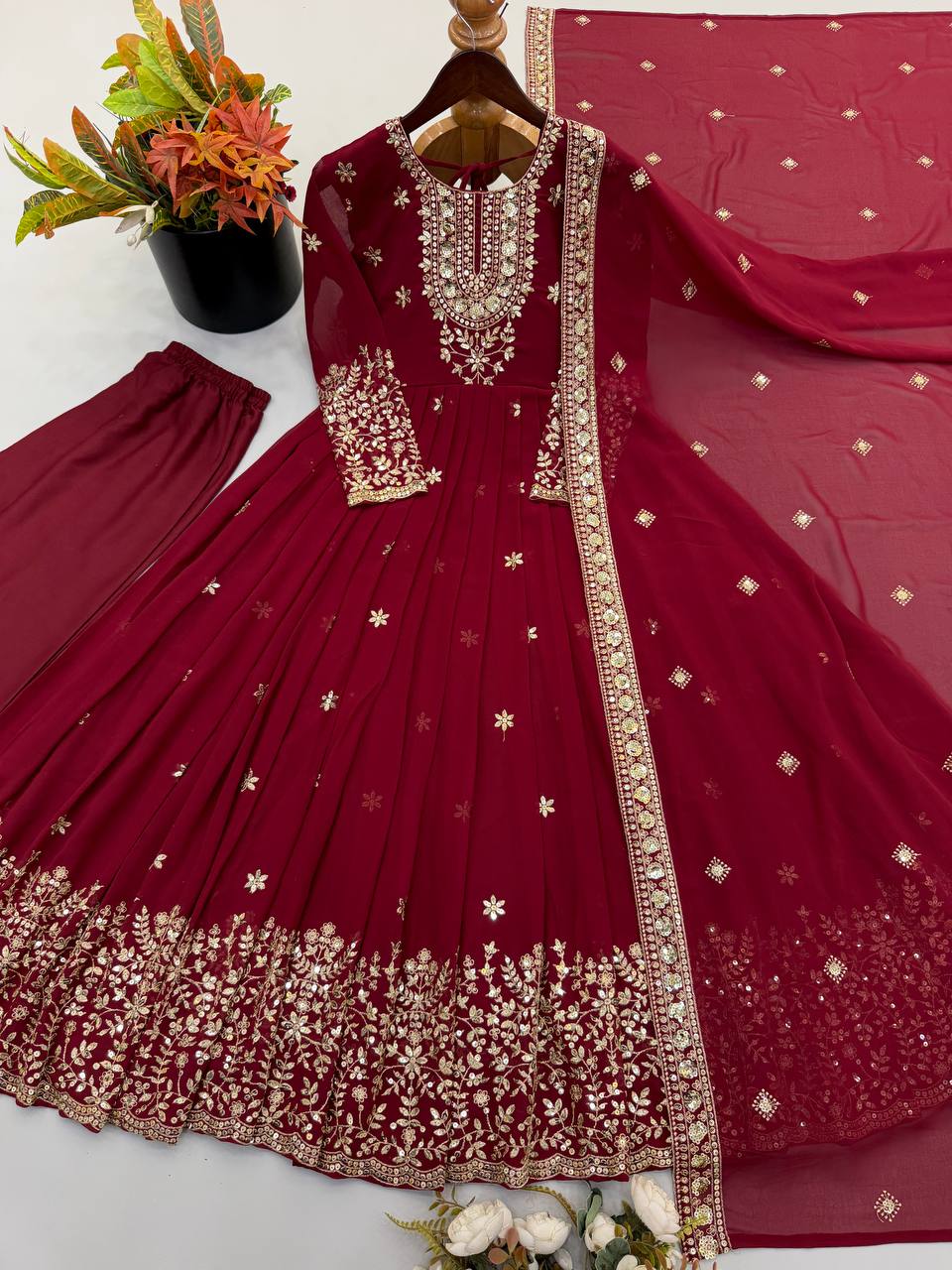 Long Flaired Anarkali Gown Pant With Dupatta - Festive & Wedding Wear