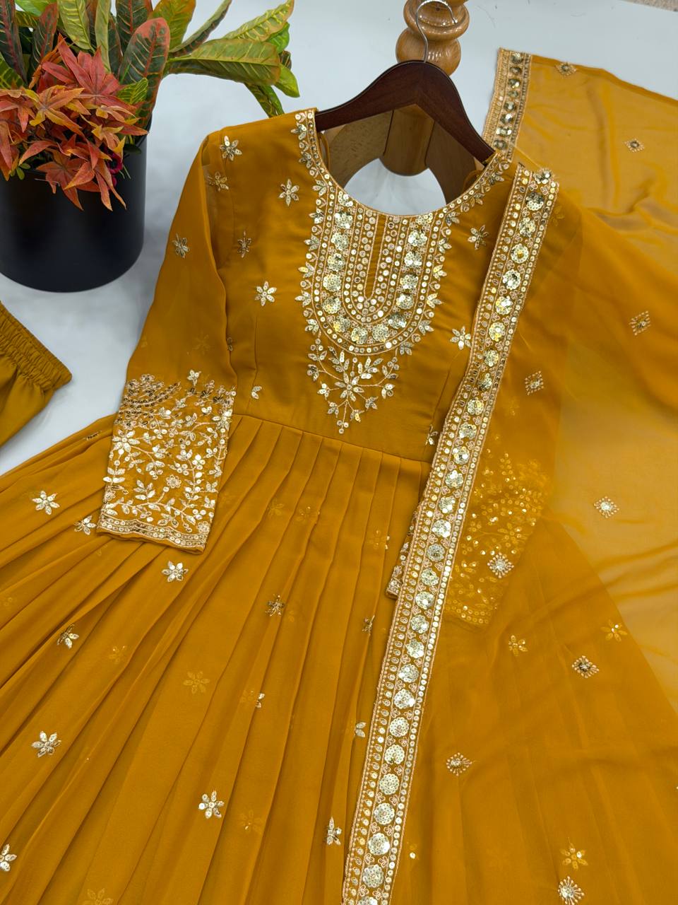 Long Flaired Anarkali Gown Pant With Dupatta - Festive & Wedding Wear