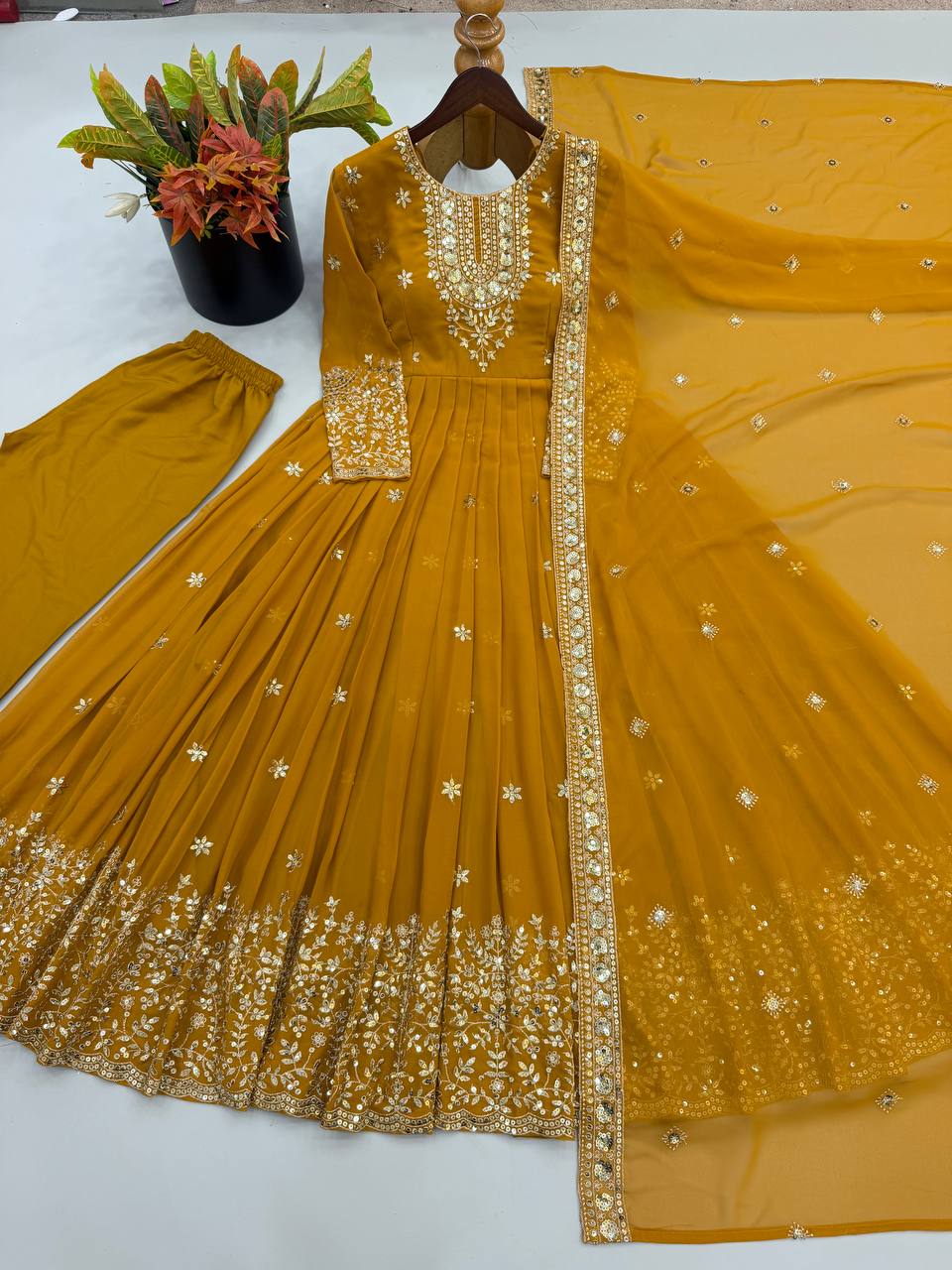 Long Flaired Anarkali Gown Pant With Dupatta - Festive & Wedding Wear