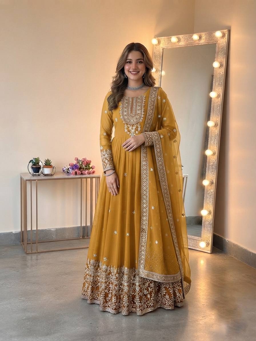 Long Flaired Anarkali Gown Pant With Dupatta - Festive & Wedding Wear